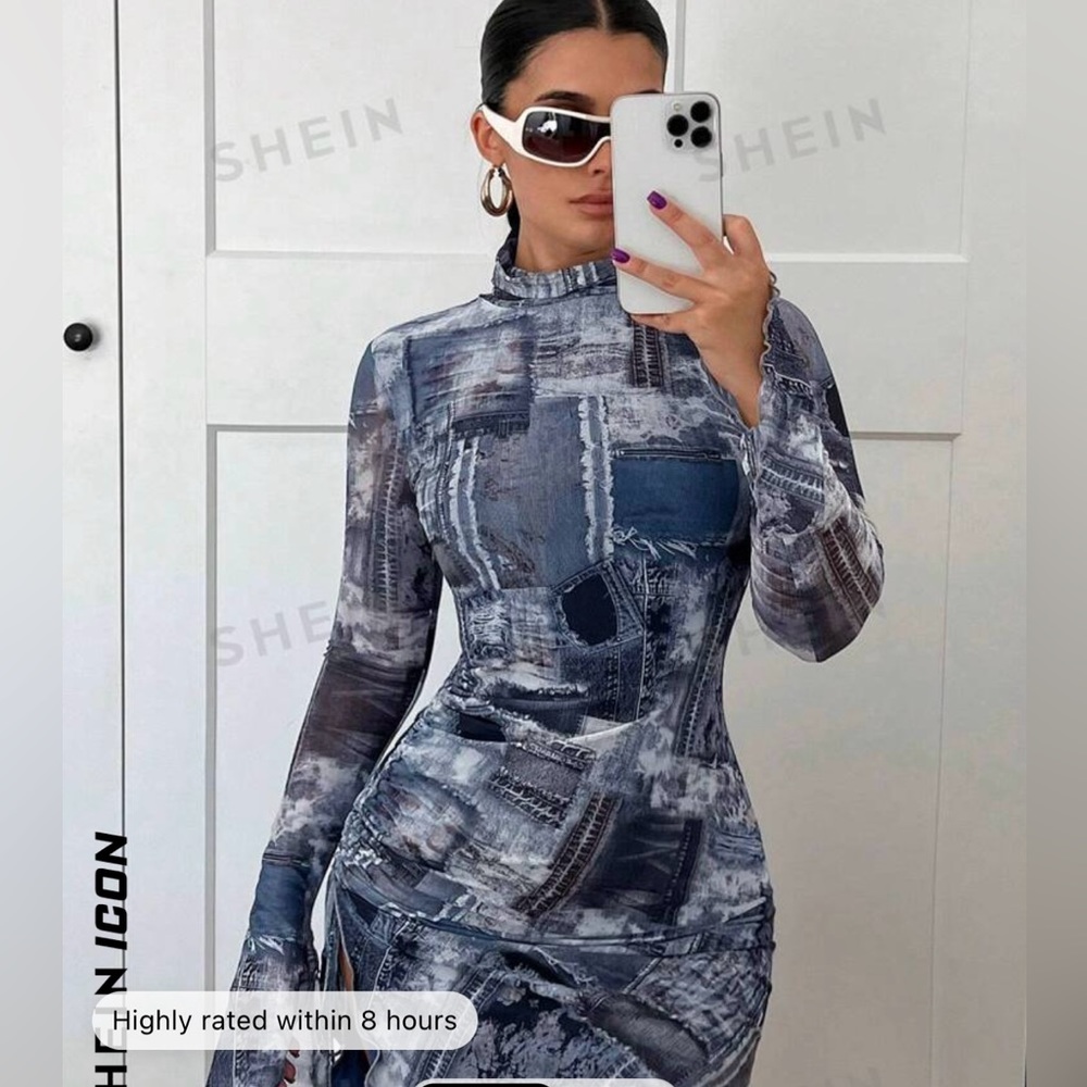Denim Patterned Midi Dress